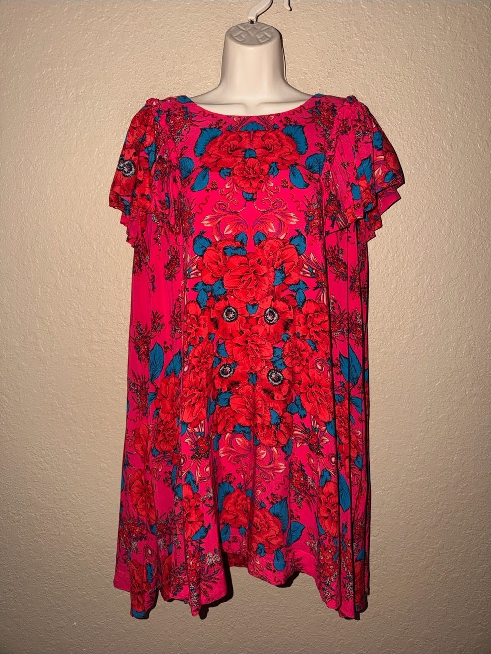 Sz M Free People Yara Pink Blue Printed Mini Dress